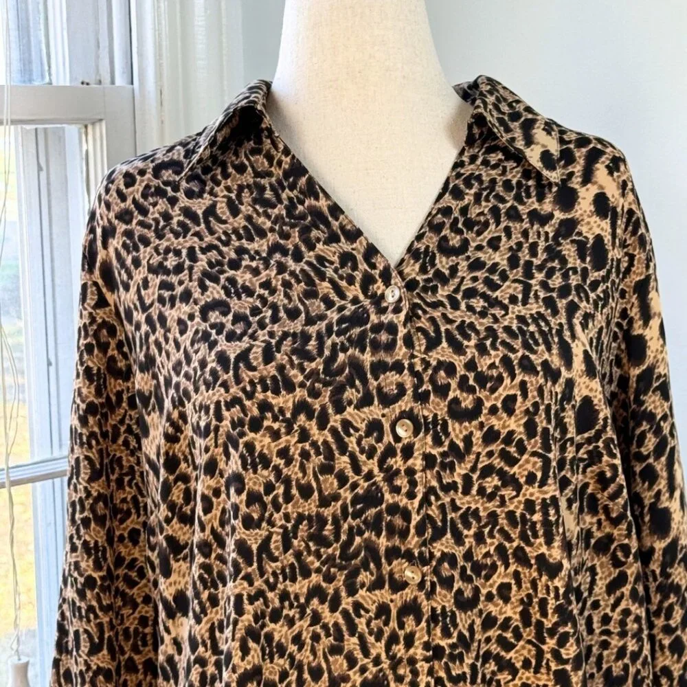 Leopard Print Collared Long Sleeve Button Up Shirt Plus Size 16W Mobwife Office - Picture 10 of 12